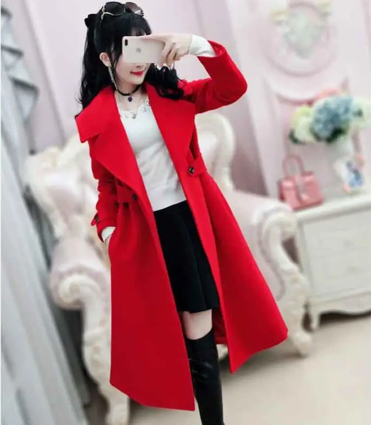 

New women's red lapel slim mid-length woolen coat a line coat