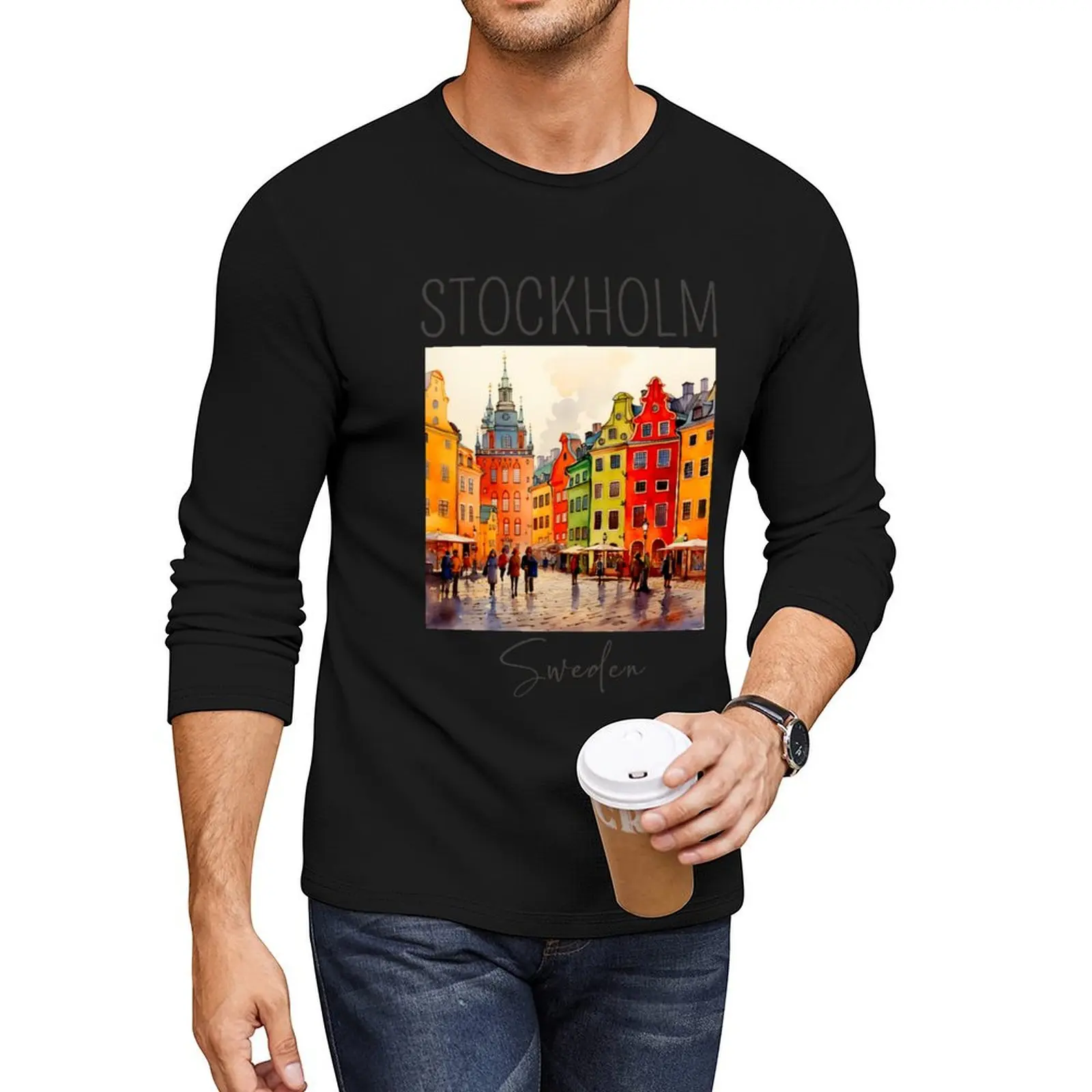 

A Watercolor Design of Stockholm - Sweden Long T-Shirt quick drying t-shirt new edition t shirt tees mens clothing