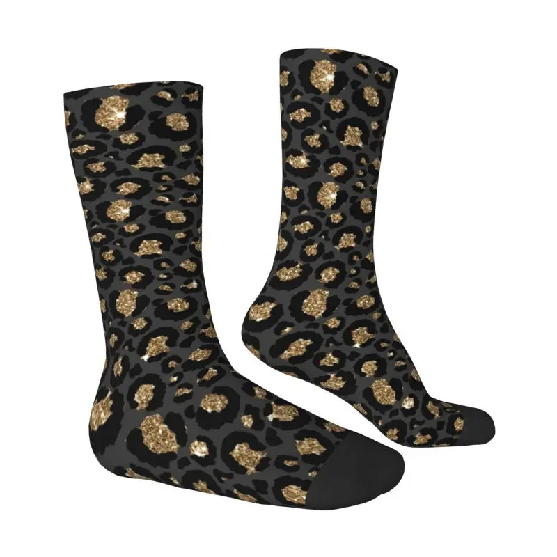 Black Gold Glitter Leopard Print Dress Socks Men Women Warm Funny Novelty Crew Socks