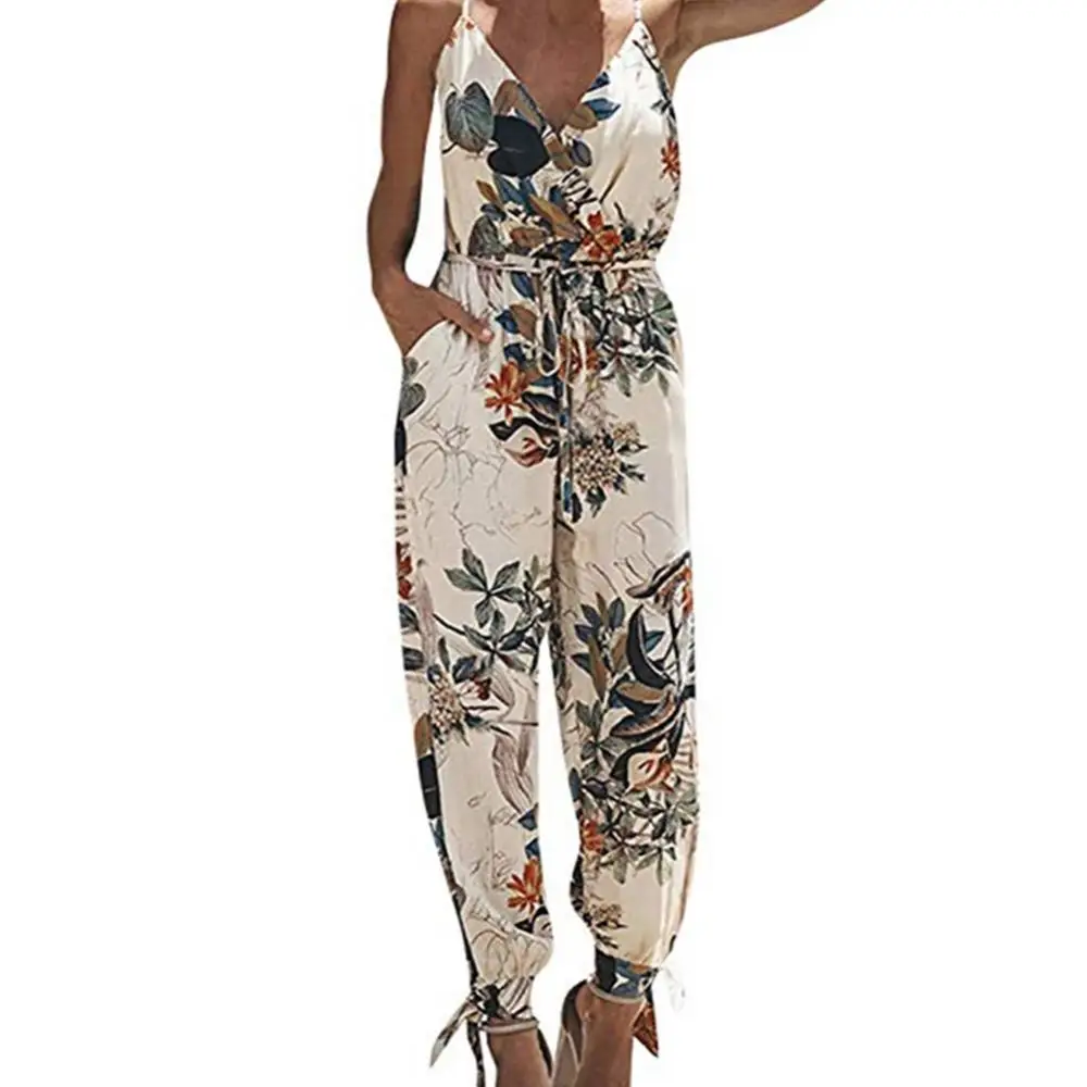 Summer Women Jumpsuits Deep-V Backless Bandage Lady Bodycon Dress Casual Floral Print Forking Strappy Female Jumpsuits Romper