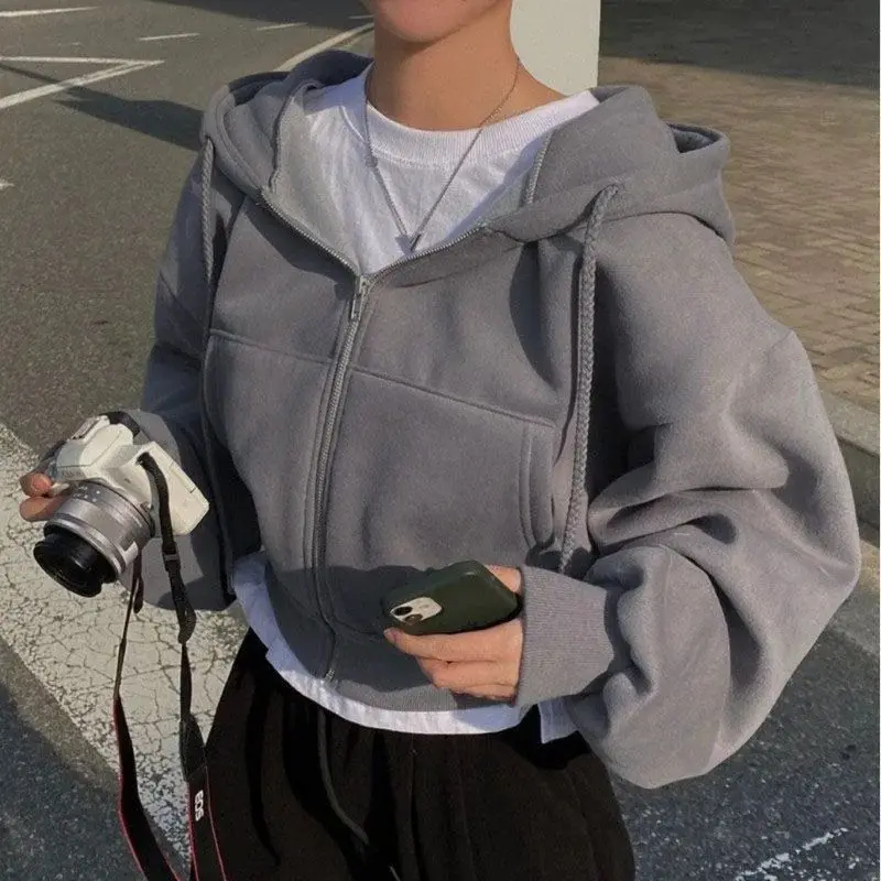 Damskie bluzy na jesień i zimę, rozpinane na zamek, z długim rękawem, z kapturem, o regularnym kroju, z poliestru, codzienne, wygodne topy.