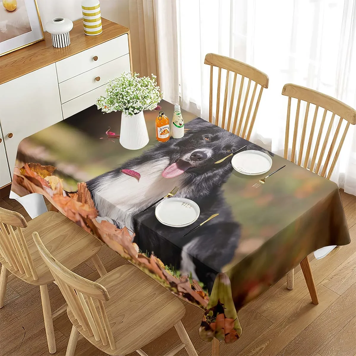 

Border Collie Rectangle Tablecloth Autumn Leaves Theme Black and White Dog Cute Dog Tablecloth Dining Room Kitchen Decorations