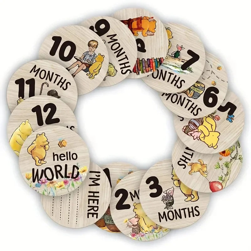 7Pcs Baby Monthly Milestone Circles Cute Bear Double-Sided Printing Months Hello World Wooden Baby Keepsake Stuff for Growth