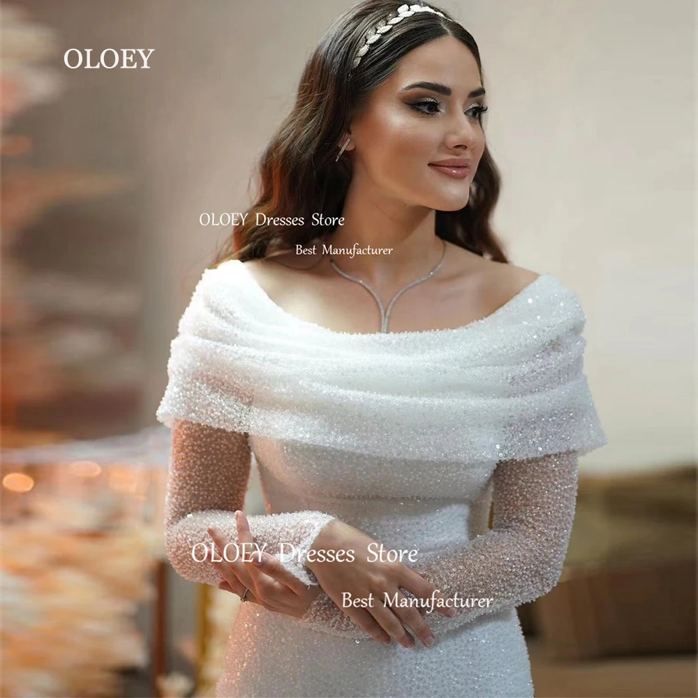 OLOEY-exquisitos vestidos de novia de sirena de marfil, vestidos de novia de manga larga con cuentas de tul, vestidos de novia de tren de barrido, vestidos de noche formales árabes