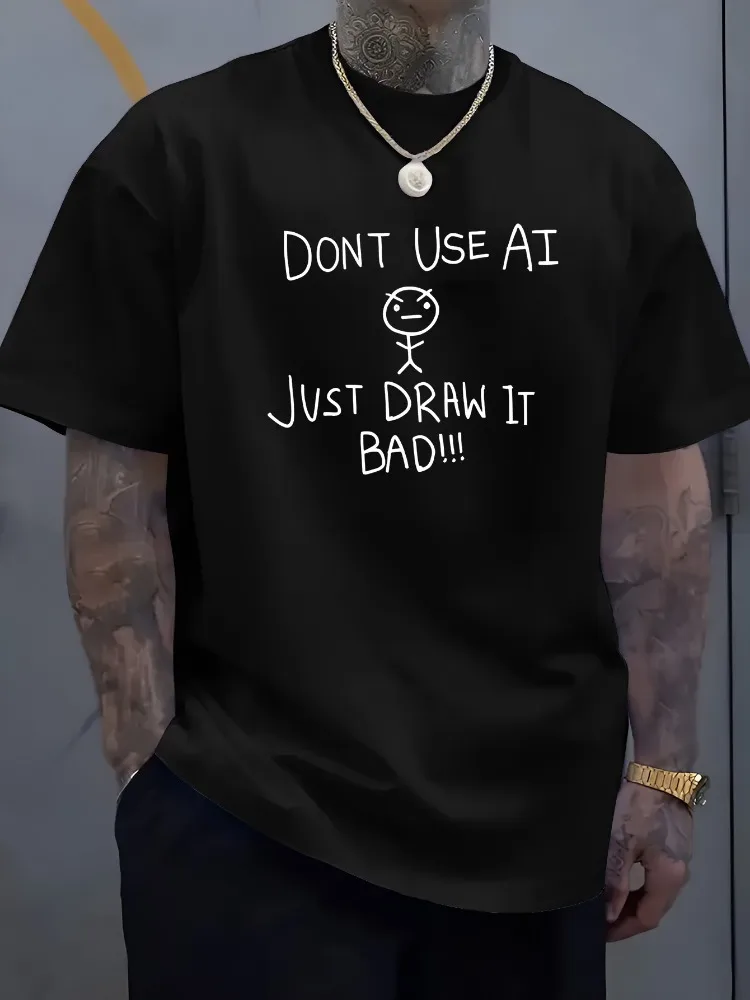 Mens Oversized Crew Neck Tee Funny Dont Use Ai Stick Figure Text Print Soft Cotton Artist Casual Streetwear Summer Daily Tops