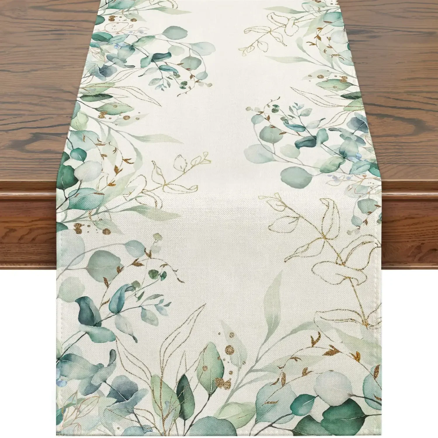 Spring Green Eucalyptus Leaves Linen Table Runner Holiday Party Decorations Washable Dining Tablecloth for Kitchen Room Decor