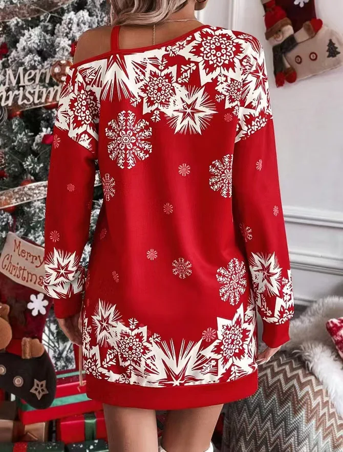 New Christmas Snowflake Print Off Shoulder Dress Women Fashion Winter Long Sleeve Loose Party Mini Dresses For Women 2025