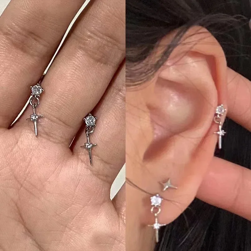 2024 Fashion Silver Color Zircon Stud Earrings for Women Men Shiny Cross Pendant Earrings Hip Hop Ear Studs Jewelry Accessories