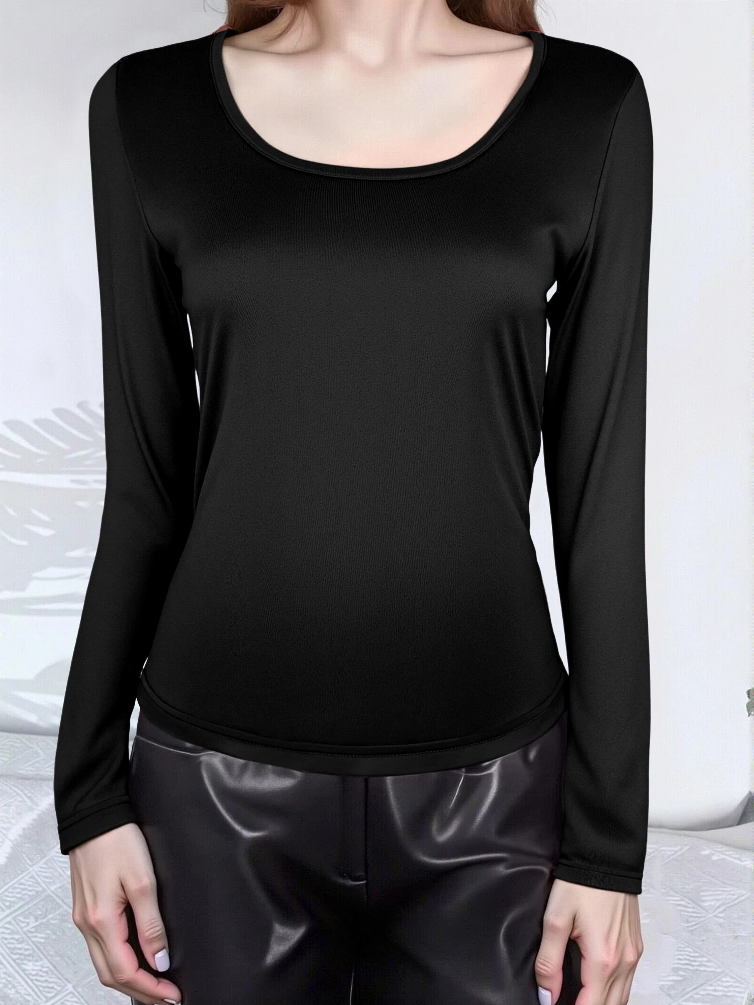Timeless Slim‑Fit U‑Neck Base Blouse, High‑Elastic Long‑Sleeve Tee for Four‑Season Layered Wardrobe