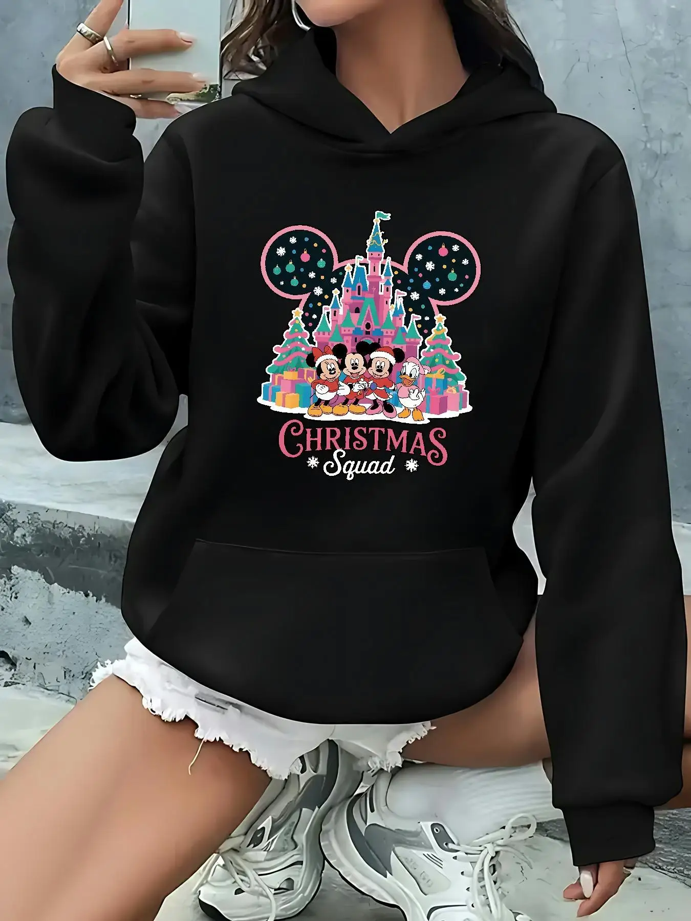 

Женские рождественские толстовки с Микки Маусом Диснея, модные толстовки унисекс большого размера, осенне-зимние флисовые повседневные универсальные