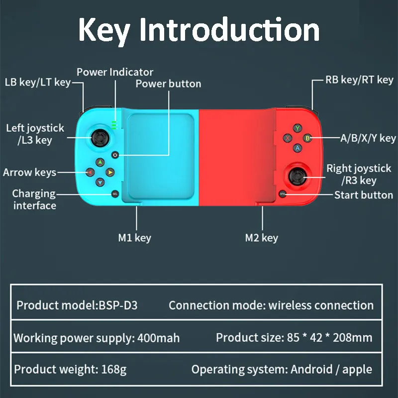 Wireless Gaming Controller for Android/iOS/ Switch/PS4 Bluetooth Gamepad Joystick for iPhone Stretchable Game Controllers for PC