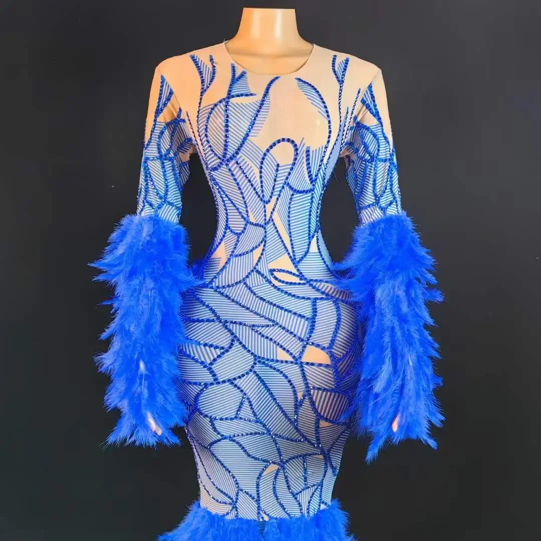Sparkly Vrouwen Lange Jurk Met Veer Sexy Elegante Bruiloft Verjaardag Avondjurken Strass Drag Queen Outfit
