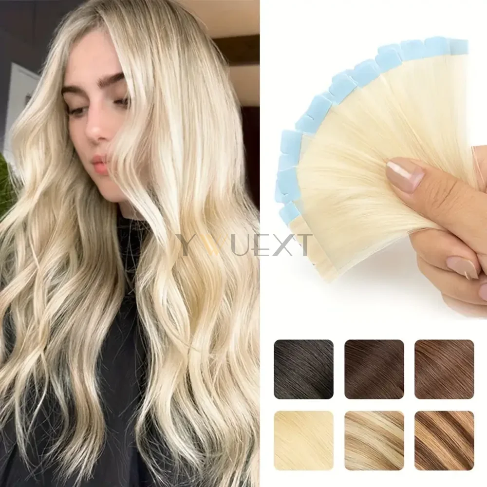 

YWUEXT Mini Tape In Hair Extensions Platinum Blonde 60# Natural Straight Invisible PU Skin Weft Tape Human Hair 10pcs Tape Hair