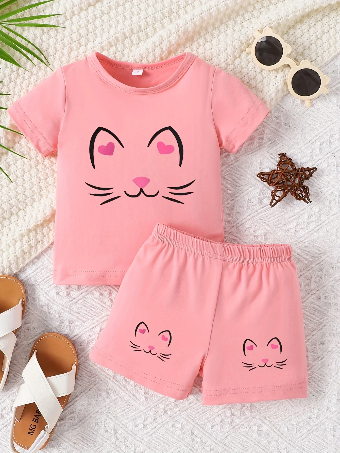Baby girl cute cat pattern short sleeved top+casual shorts set suitable for outdoor sports