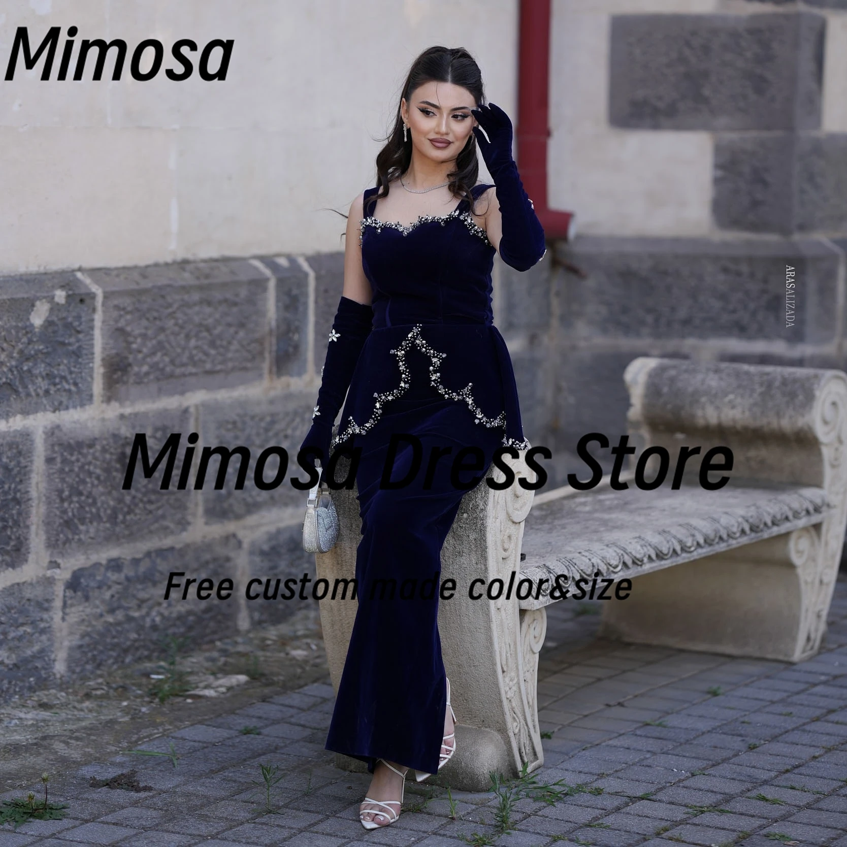 ชุดราตรีสายเดี่ยวทรงมิโมซ่า ประดับลูกปัด พร้อมผ้าคลุมไหล่แบบเปปลัม ชุดราตรีซิปหลังผ่าข้าง สำหรับงานเลี้ยงตอนเย็น สามารถสั่งตัดได้