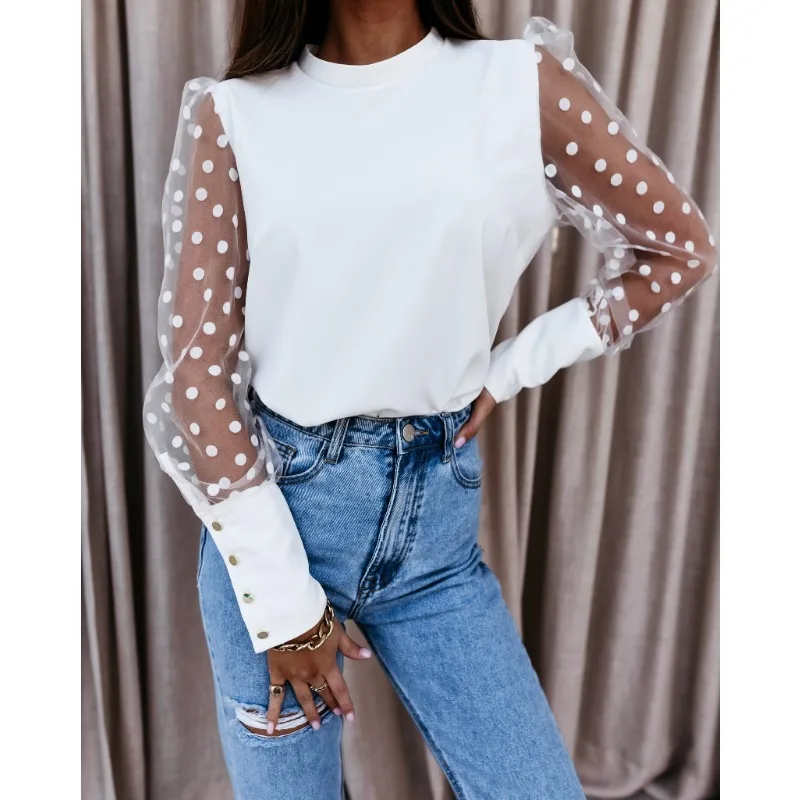 Spring Women\'s Casual Lace Shirt/chiffon Shirt Fashion Stand Up Collar Solid Color Lace Dot Long Sleeved Commuting Chiffon Shirt