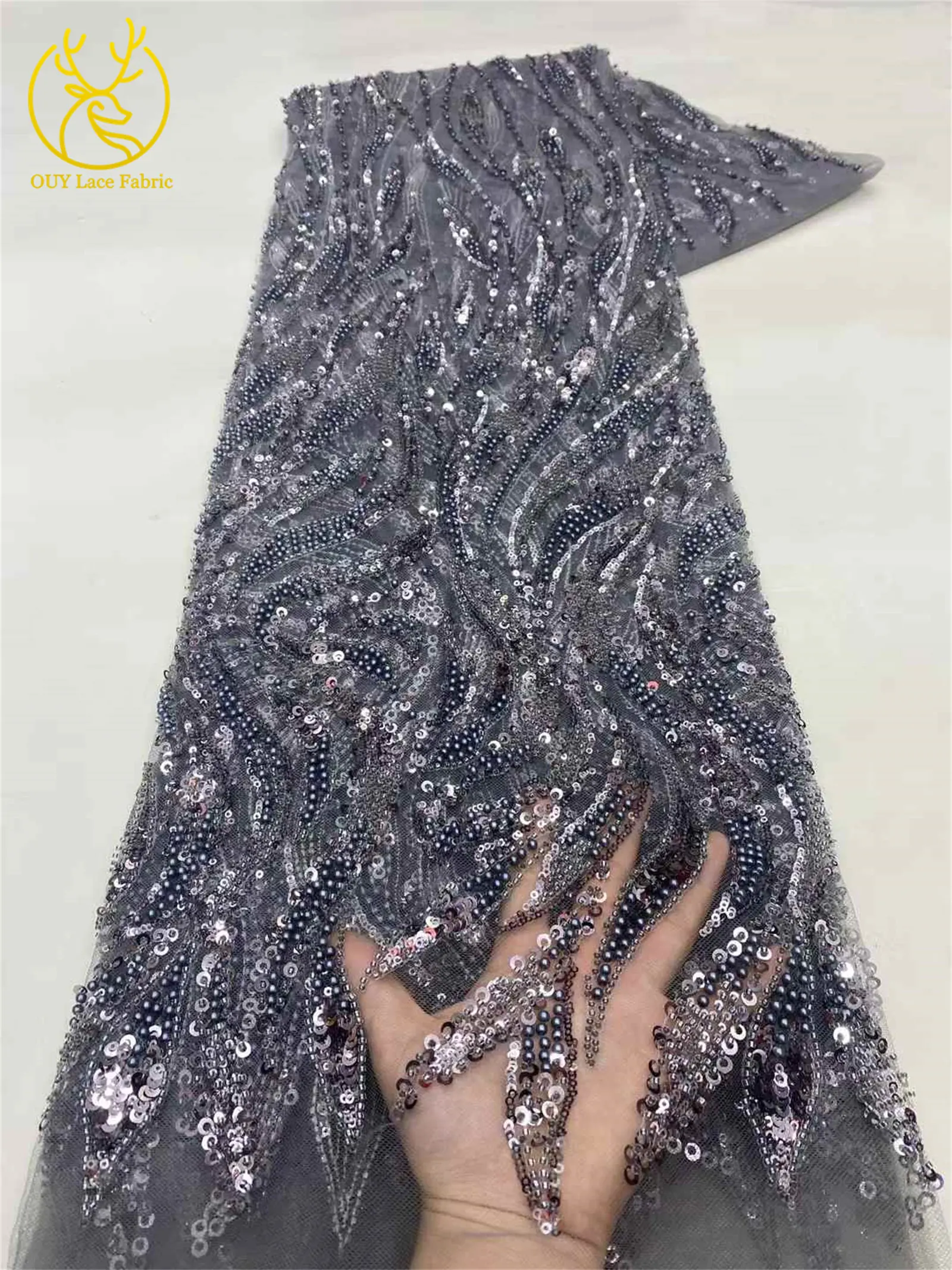 Green African Beaded Sequins Lace Fabric Hot Sale Nigeria French Groom Embroidery Mesh Tulle Lace For Women Wedding Dress Party