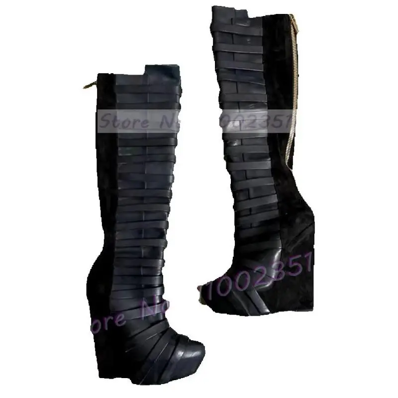 Zwarte Platform Wedge Knie Hoge Laarzen Damesmode Multi Bandjes Ronde Neus Runway Schoenen Dames Stijlvolle Cool Back Rits Laarzen - afbeelding 2
