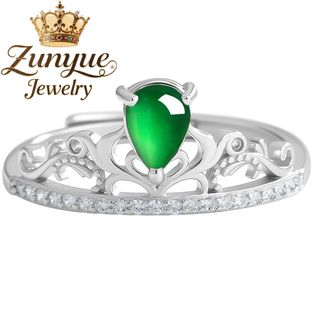 

S925 Silver Inlaid Natural A-Grade Jade Emerald Emerald Green Crown Ring Ice-Type Jade Fashionable Ring For Women Adjustable