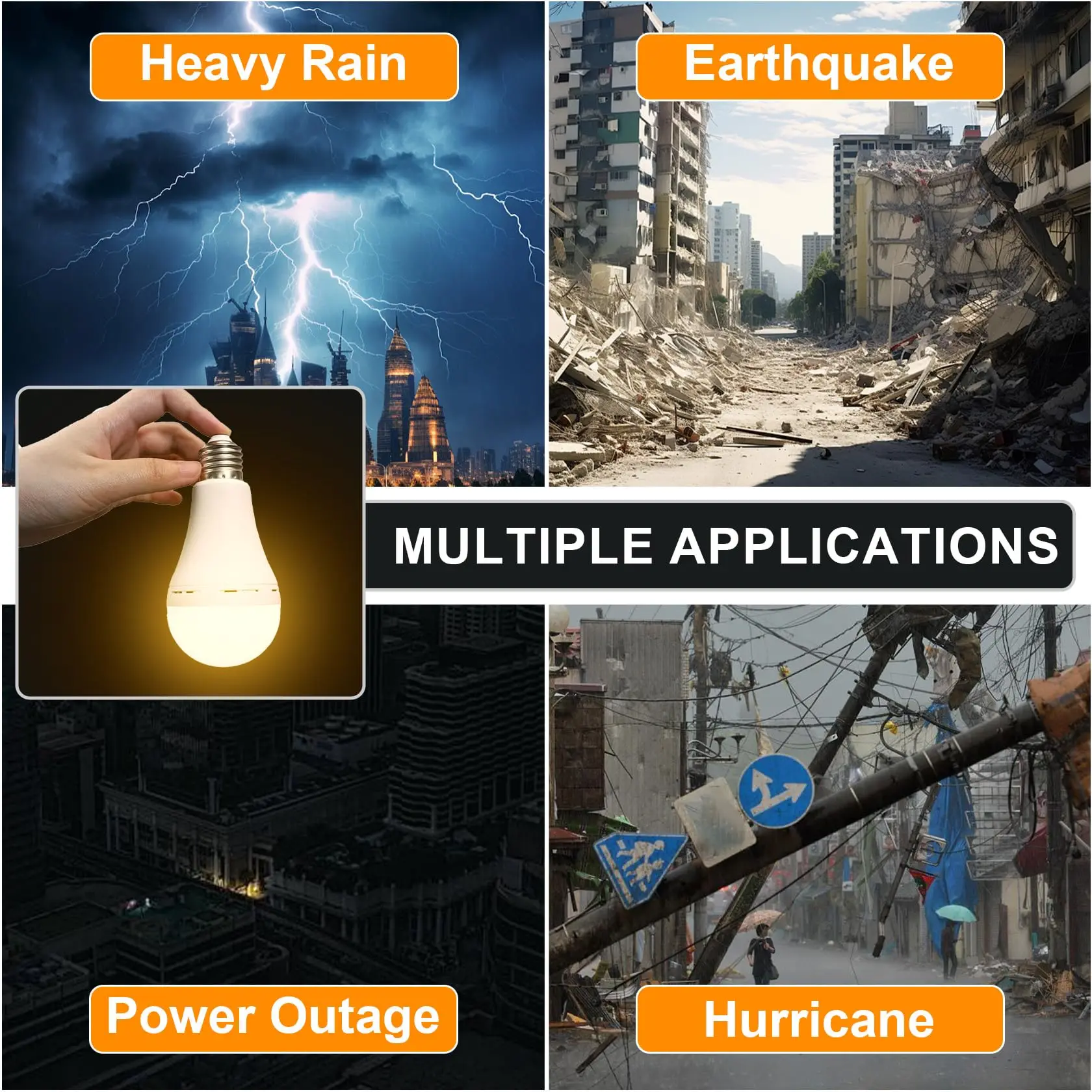 4 Pack E26 Rechargeable Emergency Light Bulb 60 Watt Warm White 3000K Battery Powered Light Bulb LED Battery Operated Light Bulb