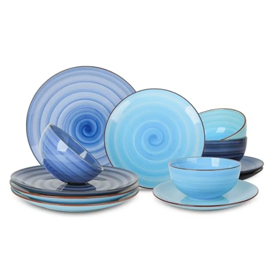 

Ceramic Dinnerware Sets Plates and Bowls Sets Scratch Resistant Dishes Set for 4 Handpainted Swirl Dishware Sets with Spray Bla