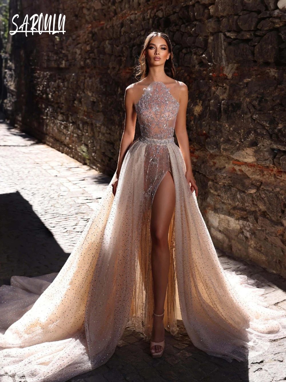 Delicate Glitter A Line Evening Dress Luxurious Beaded High Slit Formal Prom Gown Chic Customized Special Occasions Wear