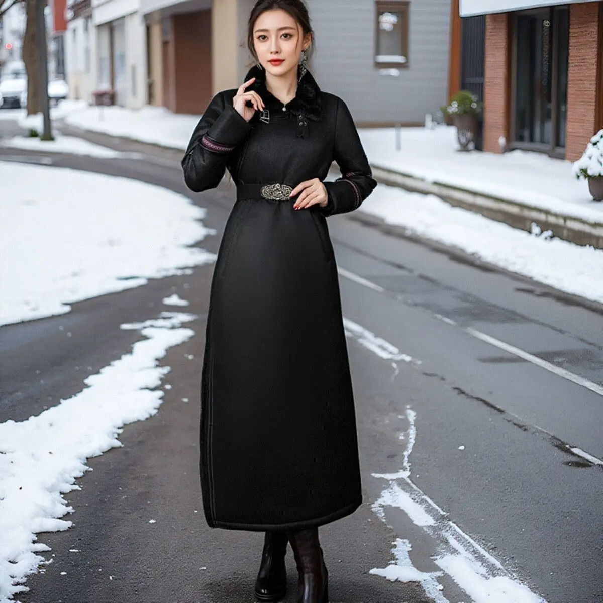 

Пальто в этническом стиле, женский монгольский халат, осенне-зимний меховой интегрированный холодный флис, верхняя одежда, длинный новый китайский стиль