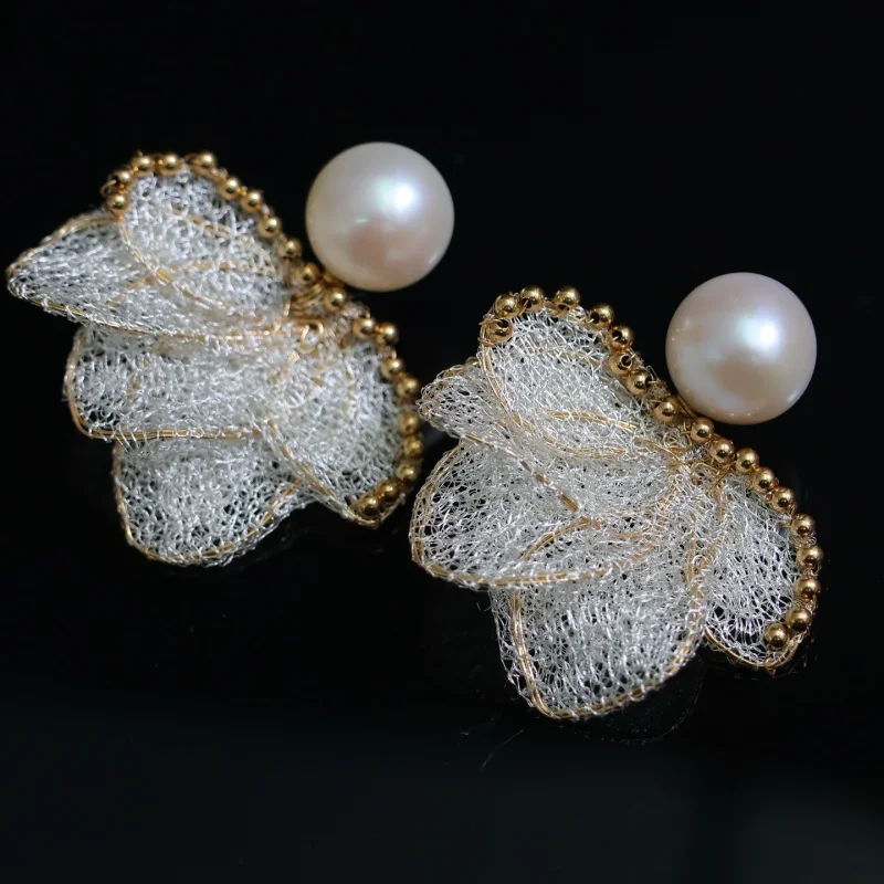 

SGARIT Pearl Jewelry DIY Italian Craftwork Geometric White Lace 14k Filled Gold Natural Freshwater Pearl Earring Jewellery