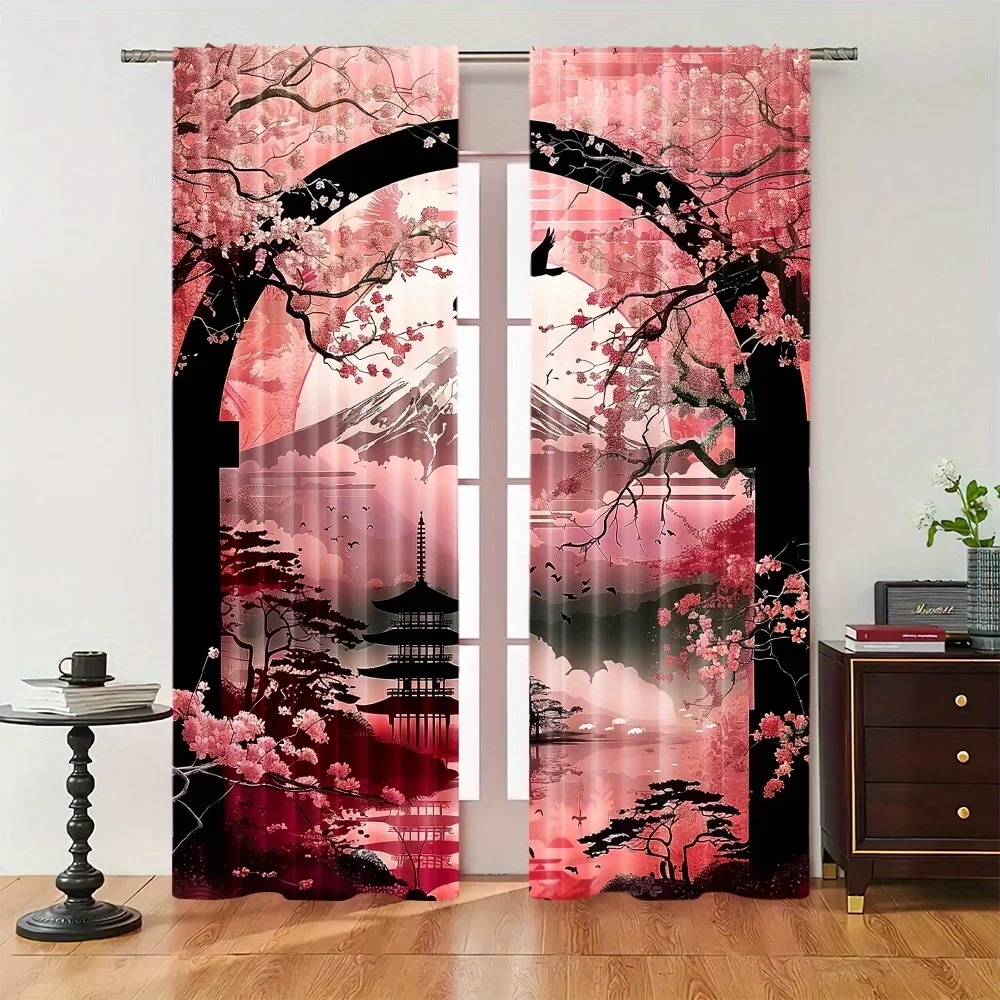 2 Pcs Vintage Japanese Cherry Blossom Blackout Curtains - Heat Insulating, Privacy-Enhancing, Machine Washable for Bedroom & Liv