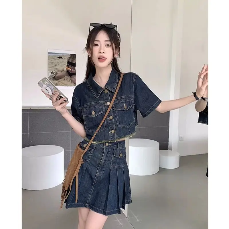 Spicy Girl Two Piece Set Slim Spring Summer Denim Set Single Breasted Raw Edge Short Coat Pleated Skirt Women Outfit