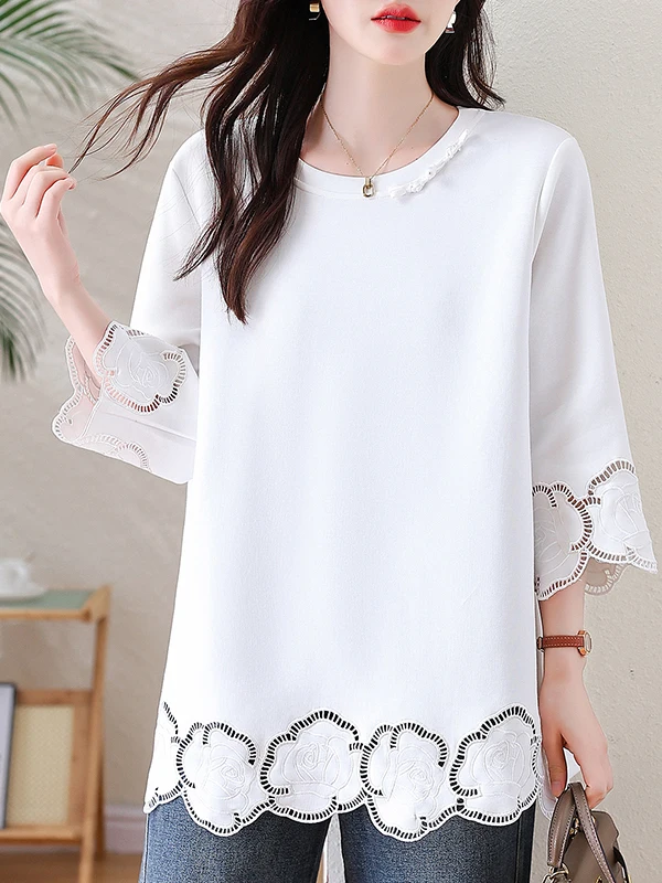 

Женская футболка в китайском стиле, ретро, с вышивкой, белая, большого размера, весенняя новинка, с рукавом 3/4, круглым вырезом, ажурная, из хлопка