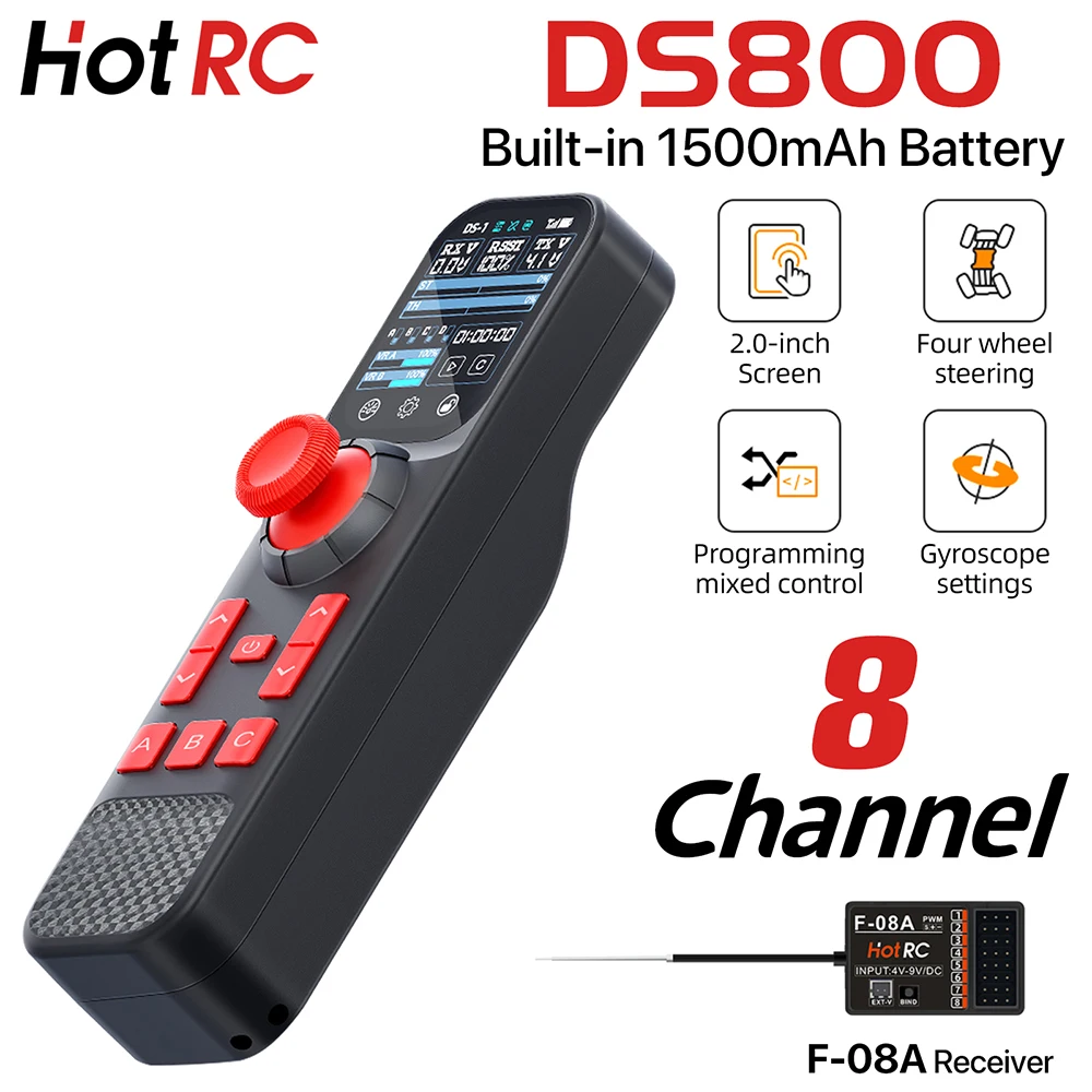 

Передатчик HotRC DS800, 8-канальный пульт дистанционного управления, сенсорный экран с приемником F-08A для радиоуправляемой автомобильной лодки