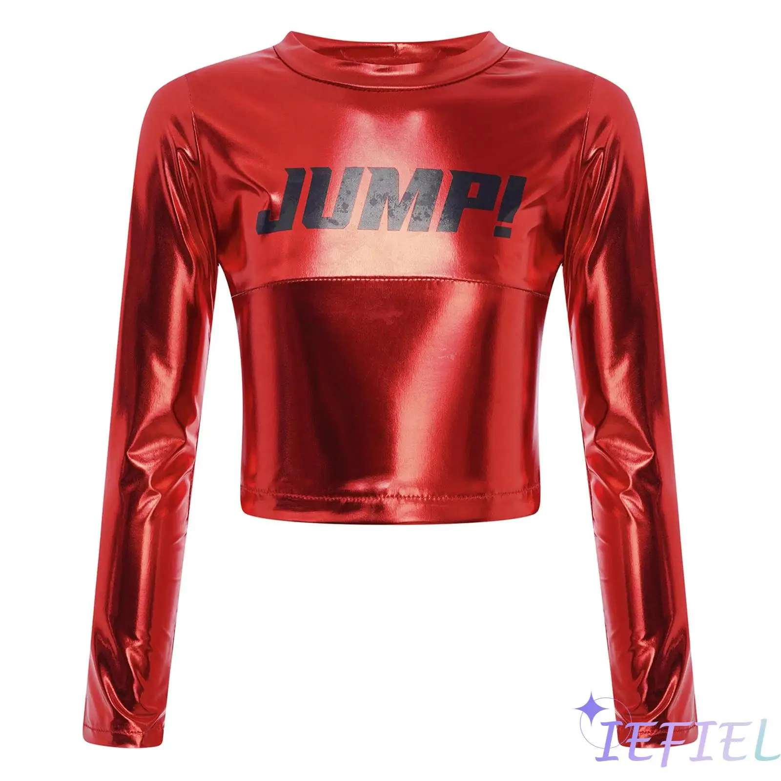

Children Girls Round Neck Long Sleeve Letter Print Metallic Crop Top Street Dance Hiphop Jazz Stage Show Dancewear Stylish Tops
