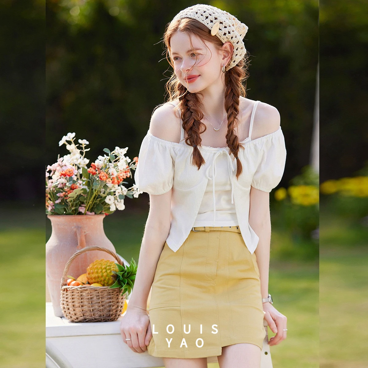 LOUISYAO Sweet Solid Color Fake Two Piece Tee 2025 Summer Women New Patchwork Short Sleeve Casual T-Shirt 