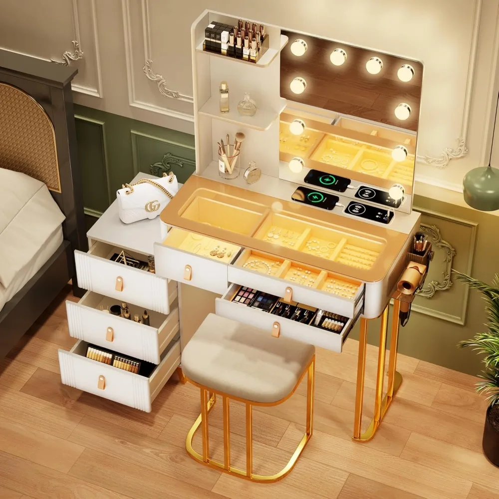 Makeup Vanity Desk with Mirror and Lights-Vanity Table with 5 Drawers-Vanity Set-Dressing Table with 10 Light Bulbs-Desk
