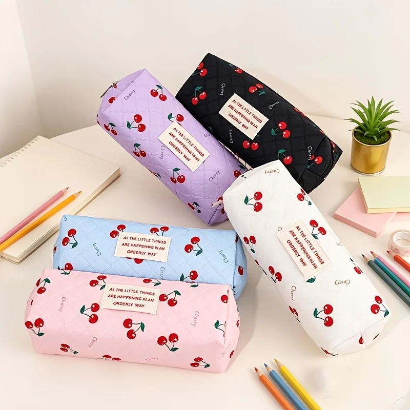2/1 Piece Random Color Cherry Pencil Case Suitable for All Seasons, Large Capacity Student Stationery Storage Bag, Portable Makeup Bag, Pencil Box, Suitable for Desktop Accessories, Ideal for Travel, Cosmetics, Station