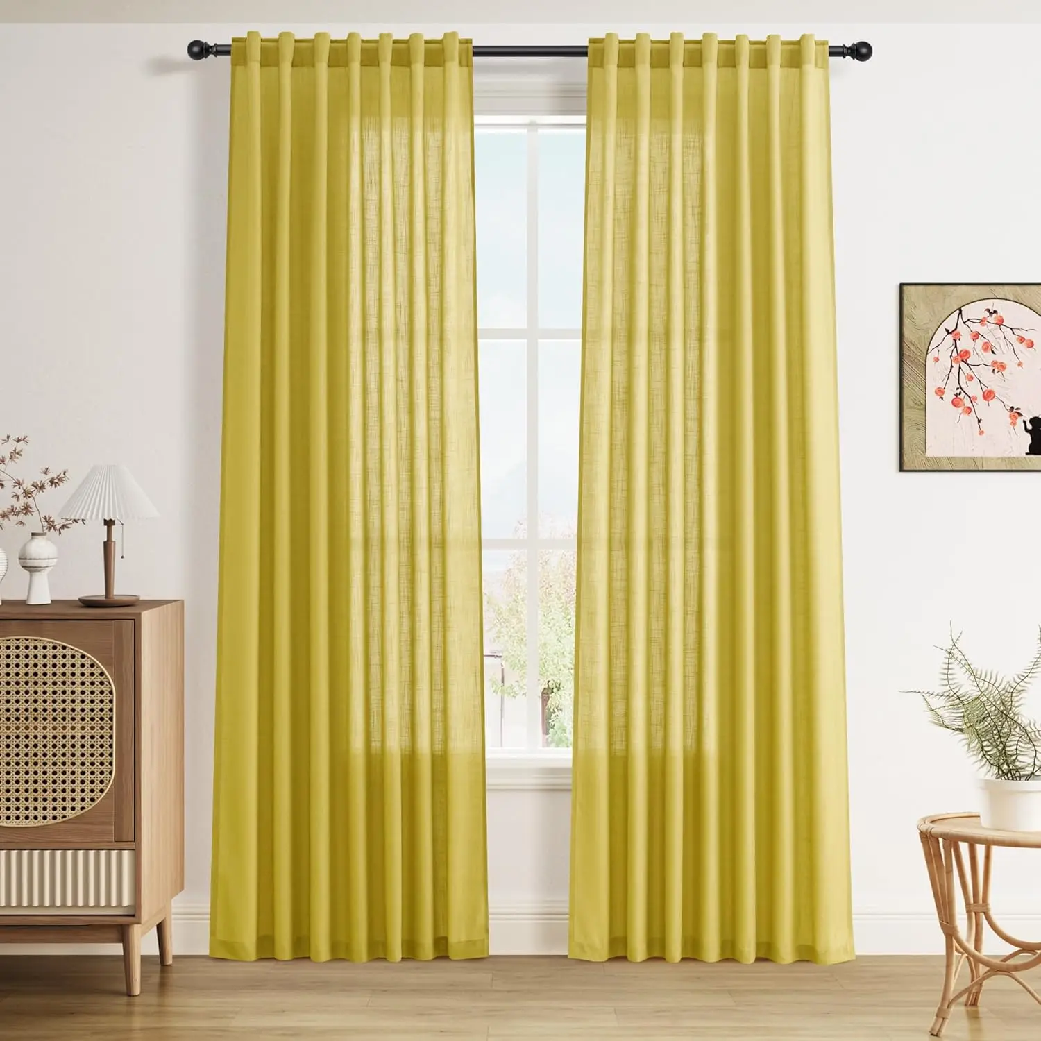 

Celery Yellow Linen Blend Drapes 84 Inch Length 2 Panels Set Back Tab Rod Pocket Light Filtering Semi Sheer Curtain Textured for