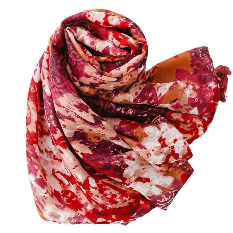 2024 Fashion Spring Cotton Abstract Flower Print Tassel Scarf Shawls Long Floral Pattern Scarves Hijab Wrap