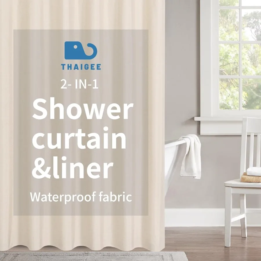 

2в1 водонепроницаемая тканевая занавеска для душа или подкладка льняная текстурированная дышащая моющаяся занавеска для душа из ТПУ для ванной комнаты с 12 пластиками