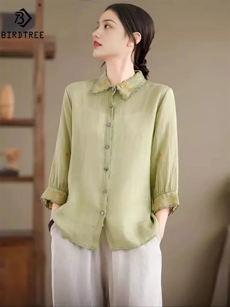 

New Spring Ramie Fashion Shirts Women Turn-down Collar Designed Tops Girl Embroidery Loose Thin Blouses 2024 Summer T44140QM