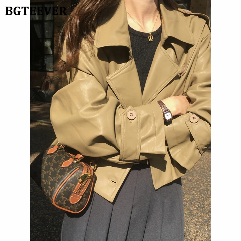 BGTEEVER Autumn Winter Vintage Long Sleeve Women PU Leather Jackets Stylish Loose Female Double Breasted Coats Ladies Outwear