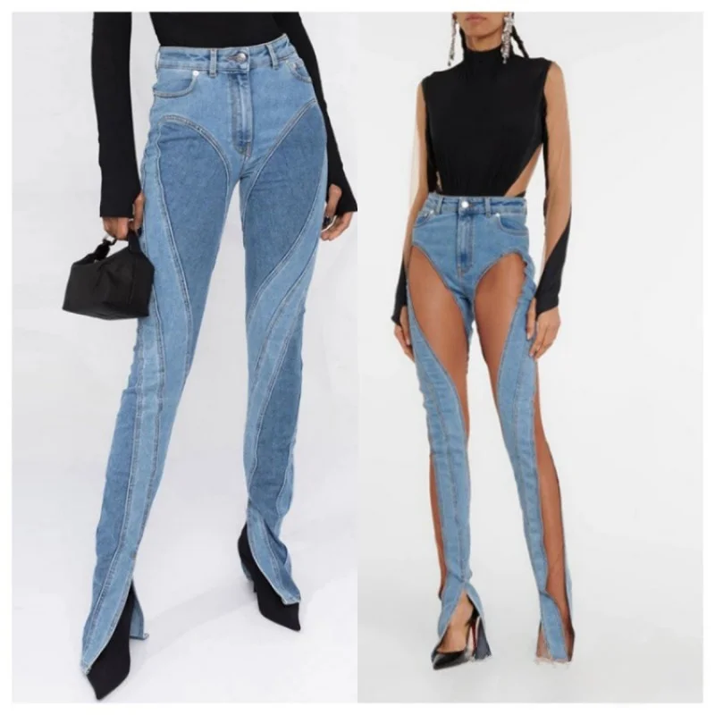 High Waist Long Jeans Slit Design Heavy Stitching Splicing Slimming Effect Fashion Show Trendy Cotton Stretch Denim Pants