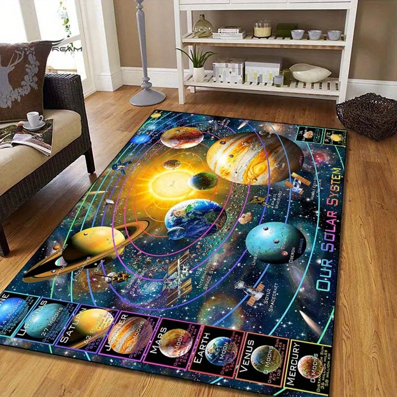1pc Solar System Design Area Rug, Non-Slip, Anti-Shedding, Perfect For Bedroom, Living Room, Playroom Vibrant Planet Theme