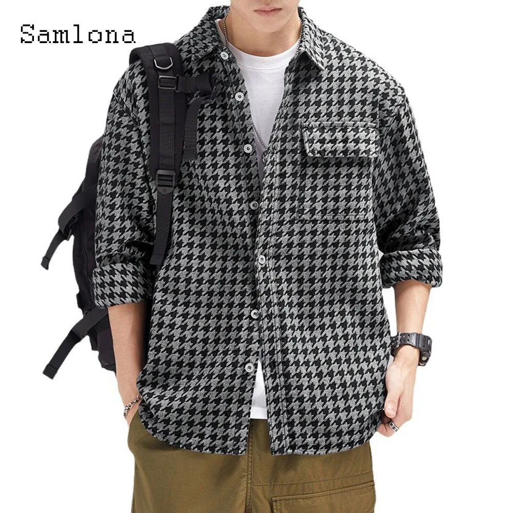 Men Long Sleeves Casual Houndstooth Shirt Clothing 2024 New Spring Fashion Basic Tops Plus Size Mens Stand Pockets Shirts Blouse