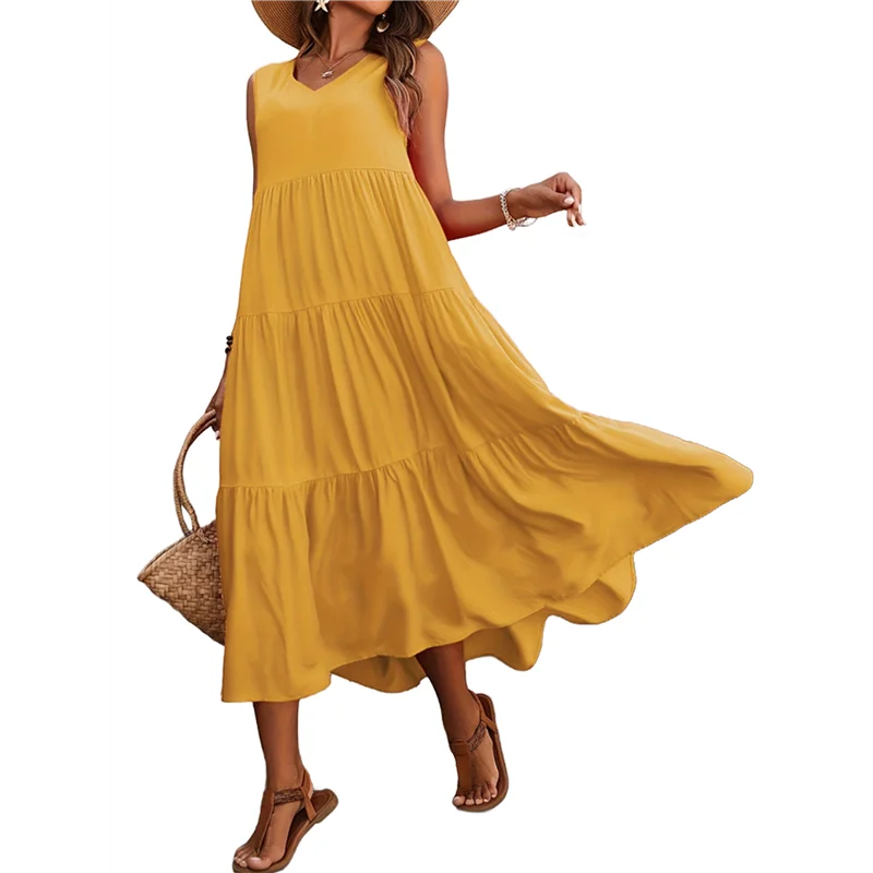 【SEE】Vestidos femininos de verão sem mangas maxi vestido com decote em V casual flowy em camadas