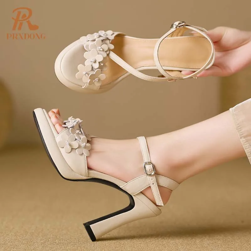 PRXDONG 2024 New Elegant Genuine Leather Summer Sandals For Women Chunky High Heels Platform Silver Beige Party Wedding Shoes