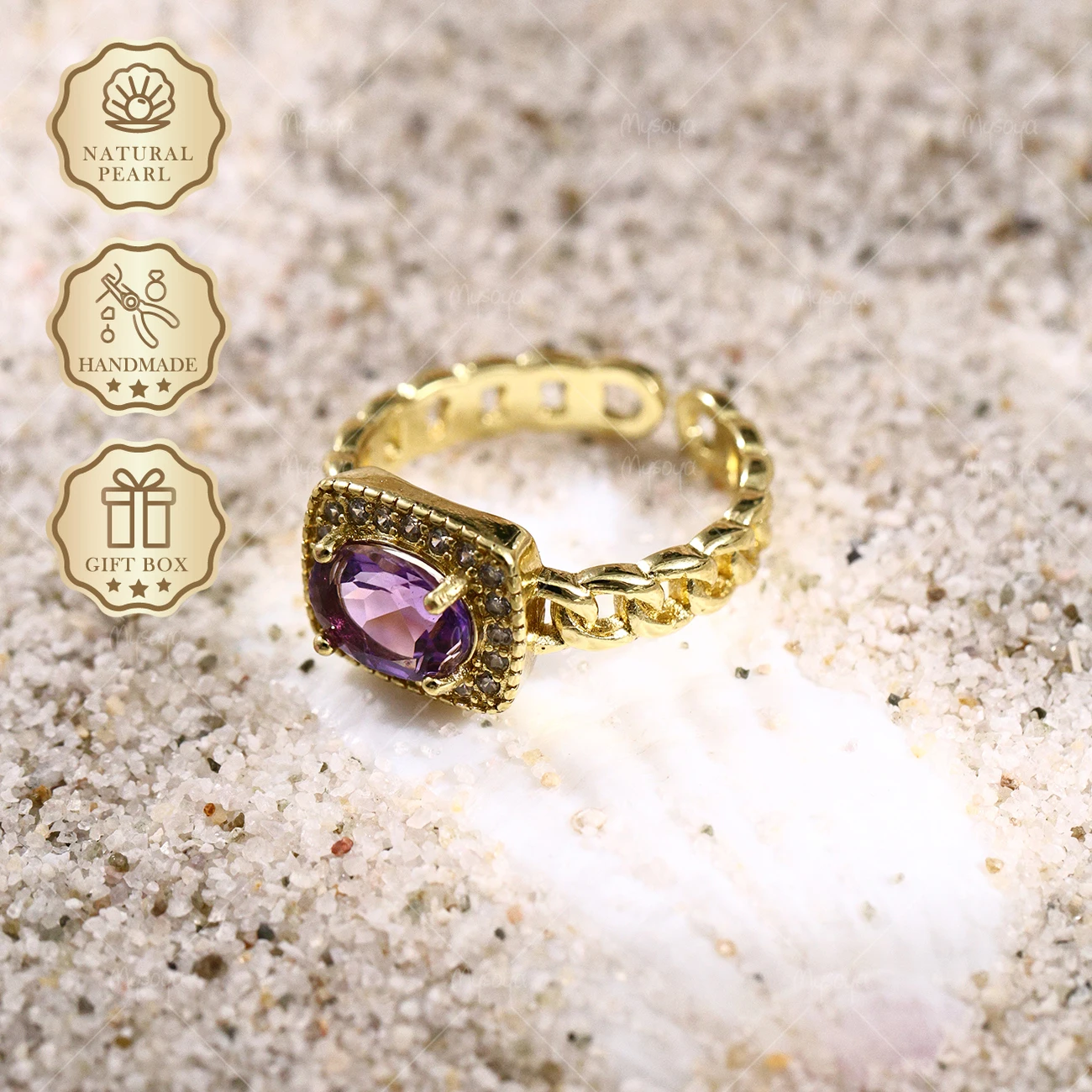 

Кольцо Mysoya Golden Hollow Chain с натуральным аметистом 6x8 мм, 1,16 карата, подарочная коробка, подарок на День святого Валентина или день рождения для нее