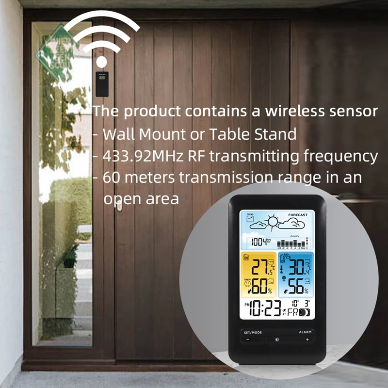 Wireless Table Weather Station Color LCD Digital Temperature Humidity Monitor Moon Phase Barometer Forecast Sensor Alarm Clock