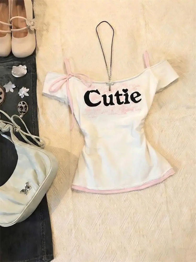 American Y2k 2000s Spicy Girl Temperament Waist Cinched Summer New One Shoulder Suspender White Short Sleeved T-shirt