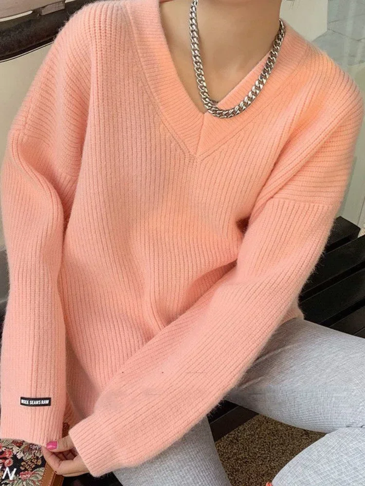 Women\'s Sweater Oversize Autumn Winter Thick Warm V-neck Pullovers Solid Blue White Oversized Loose Fashion Women Sweaters 2024